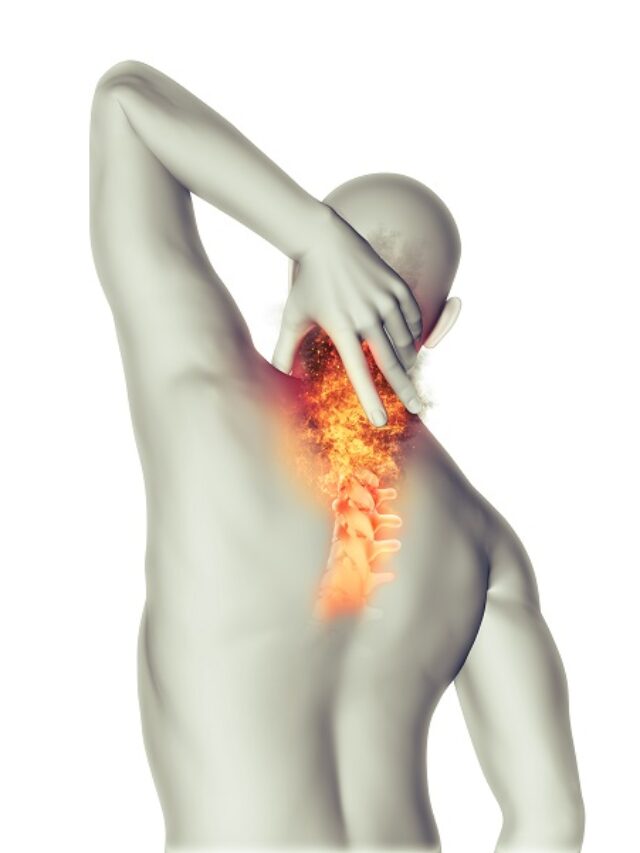 3D man holding neck in pain with fire effect